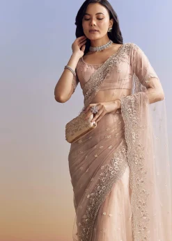 Lavender Net Saree With Scalloped Border