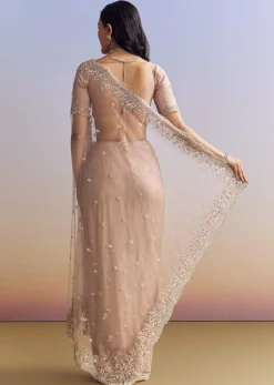 Lavender Net Saree With Scalloped Border