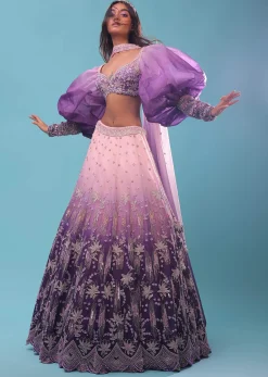 Lavender Ombre Gown And Crop Top Paired With Bishop Sleeves
