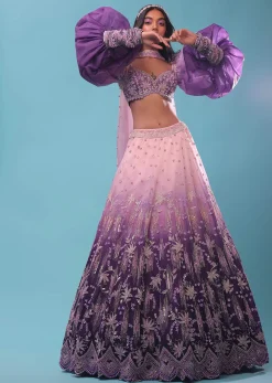 Lavender Ombre Gown And Crop Top Paired With Bishop Sleeves