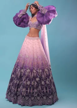 Lavender Ombre Gown And Crop Top Paired With Bishop Sleeves