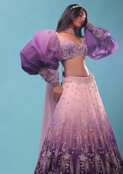 Lavender Ombre Gown And Crop Top Paired With Bishop Sleeves
