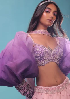 Lavender Ombre Gown And Crop Top Paired With Bishop Sleeves