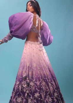 Lavender Ombre Gown And Crop Top Paired With Bishop Sleeves