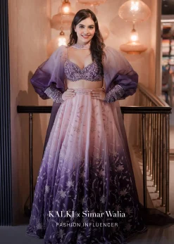 Lavender Ombre Gown And Crop Top Paired With Bishop Sleeves
