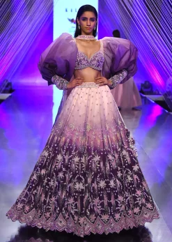 Lavender Ombre Gown And Crop Top With Bishop Sleeves