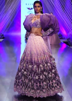 Lavender Ombre Gown And Crop Top With Bishop Sleeves