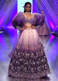 Lavender Ombre Gown And Crop Top With Bishop Sleeves