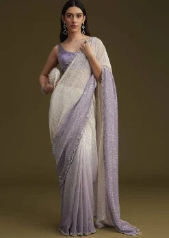 Lavender Ombre Sequins Saree With Scallop Embroidery Border