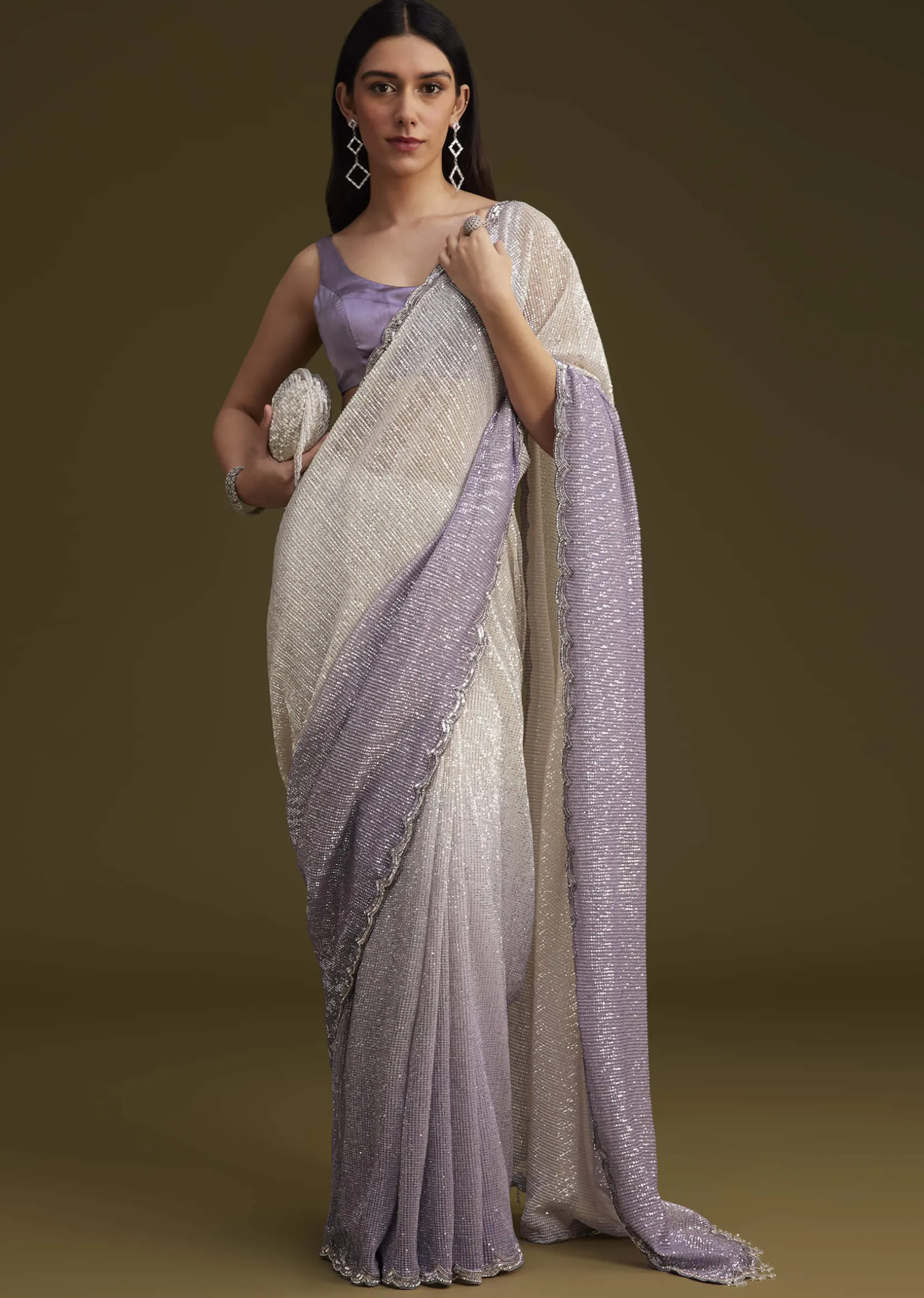 Lavender Ombre Sequins Saree With Scallop Embroidery Border