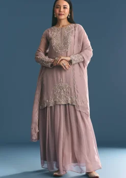 Lavender Organza Kurta Palazzo Suit With Zardosi Work