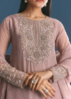 Lavender Organza Kurta Palazzo Suit With Zardosi Work