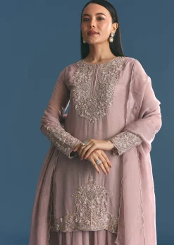 Lavender Organza Kurta Palazzo Suit With Zardosi Work