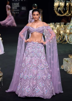 Lavender Pearl Embellished Lehenga With Off Shoulder Draped Cape