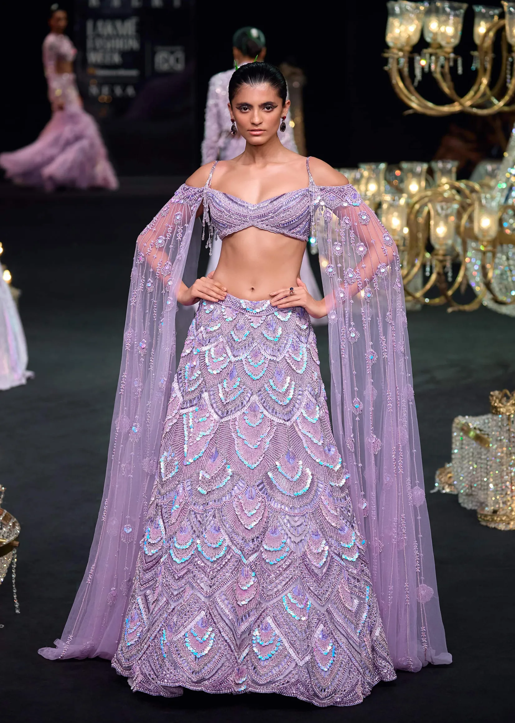 Lavender Pearl Embellished Lehenga With Off Shoulder Draped Cape