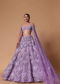 Lavender Pearl Embellished Lehenga With Off Shoulder Draped Cape