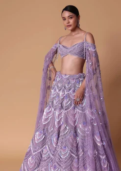Lavender Pearl Embellished Lehenga With Off Shoulder Draped Cape