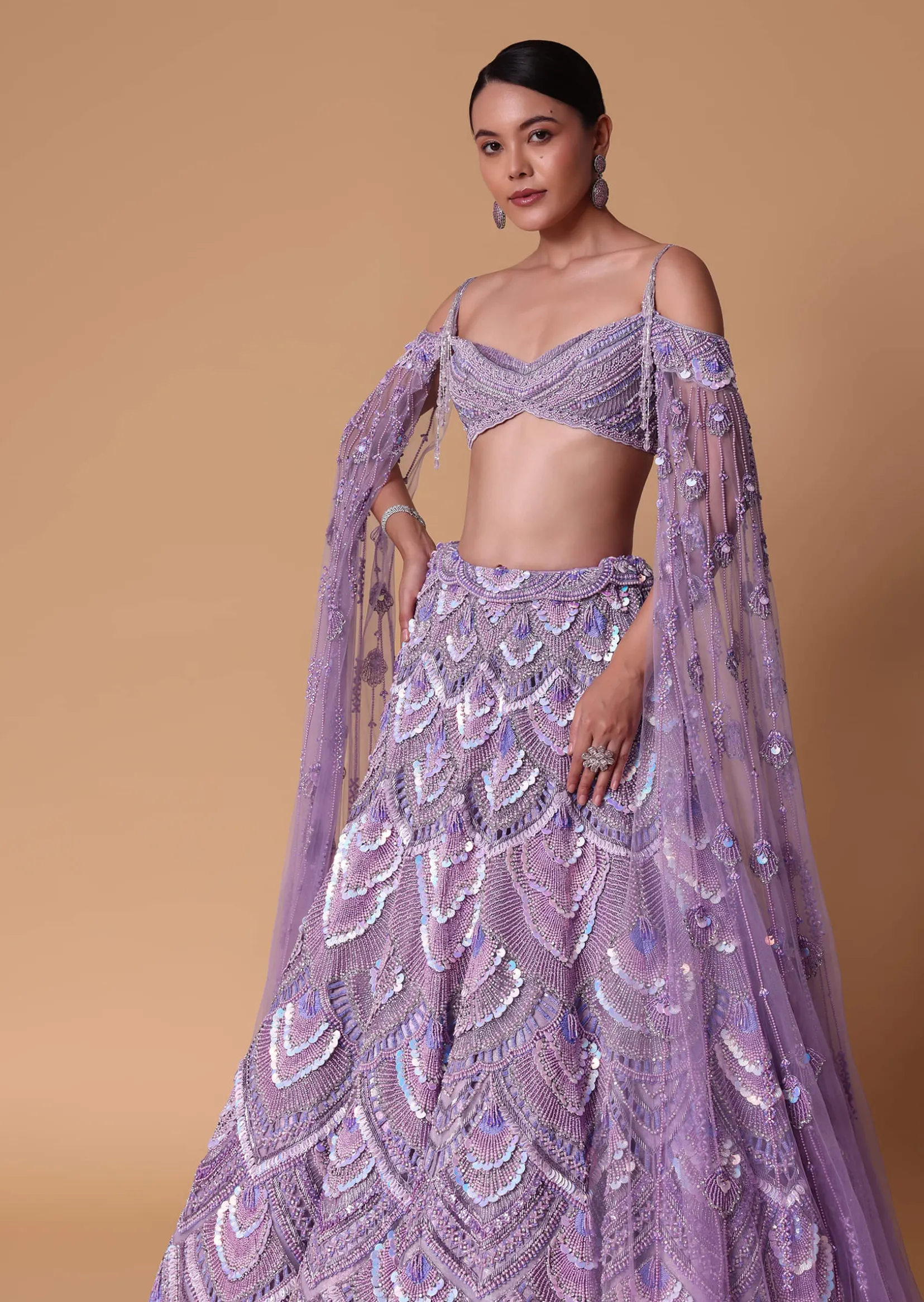 Lavender Pearl Embellished Lehenga With Off Shoulder Draped Cape