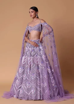 Lavender Pearl Embellished Lehenga With Off Shoulder Draped Cape