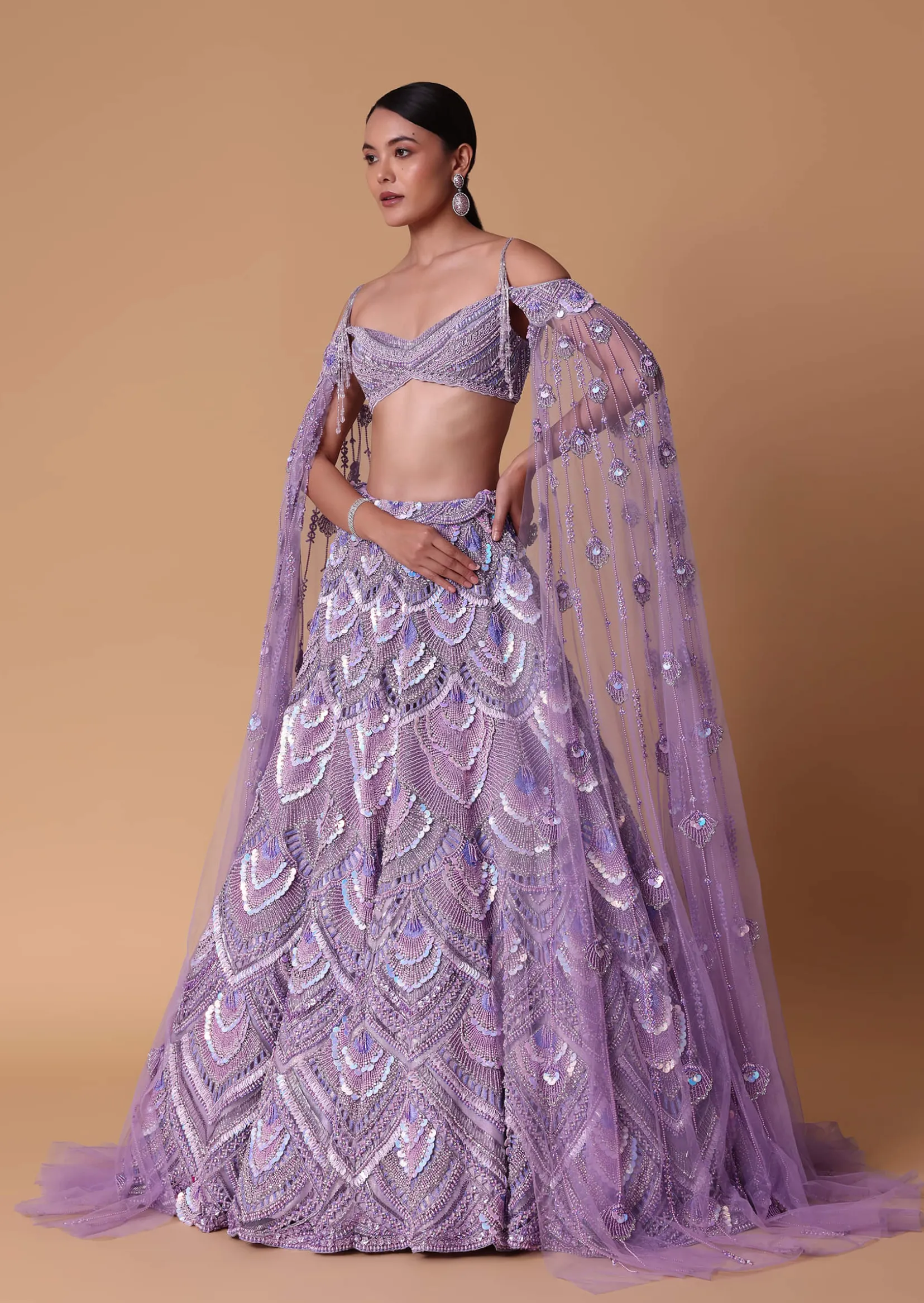 Lavender Pearl Embellished Lehenga With Off Shoulder Draped Cape