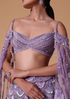 Lavender Pearl Embellished Lehenga With Off Shoulder Draped Cape