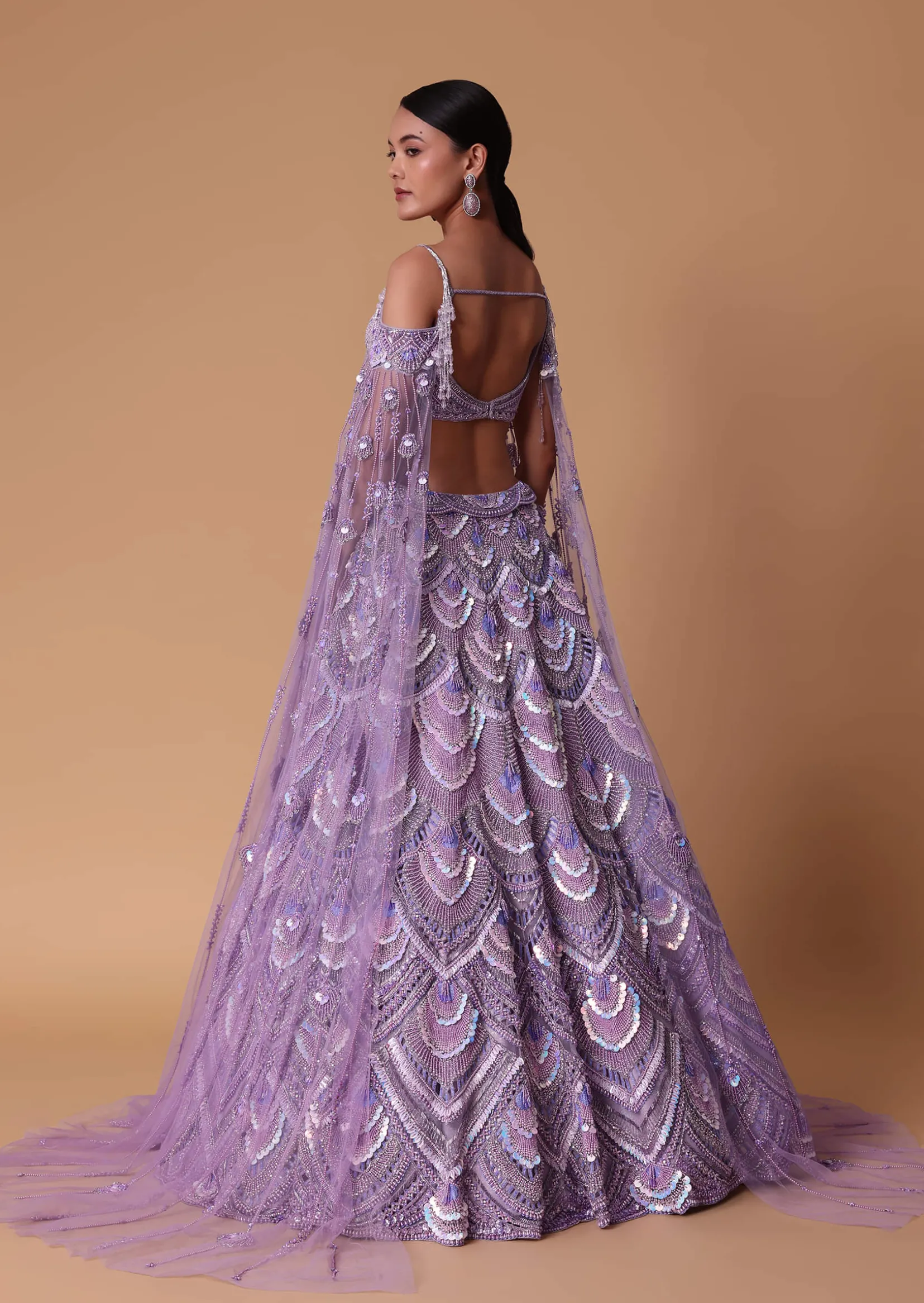 Lavender Pearl Embellished Lehenga With Off Shoulder Draped Cape