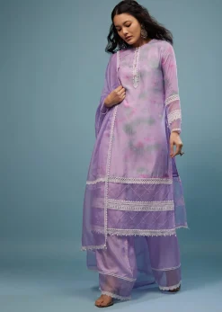 Lavender Purple Embroidered Palazzo Suit In Viscose Silk