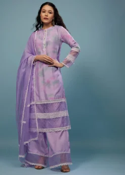 Lavender Purple Embroidered Palazzo Suit In Viscose Silk
