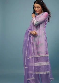 Lavender Purple Embroidered Palazzo Suit In Viscose Silk