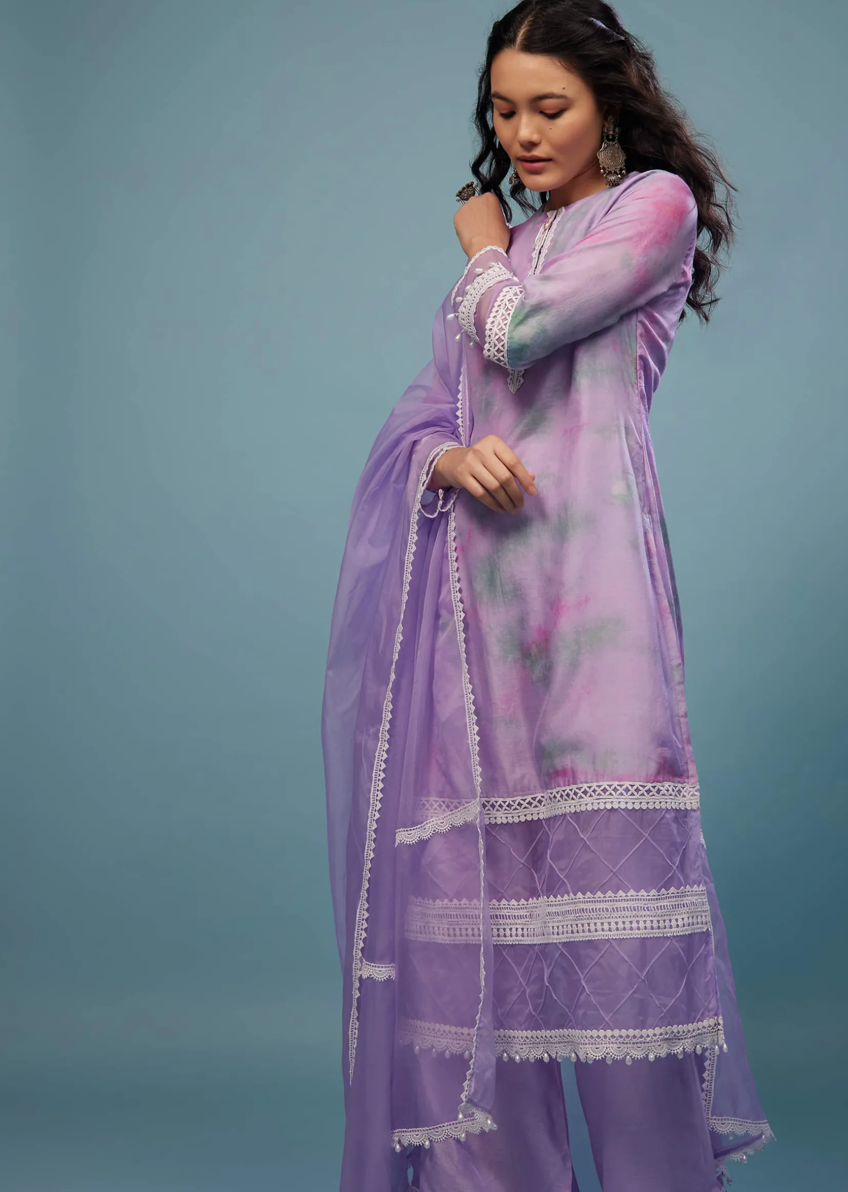 Lavender Purple Embroidered Palazzo Suit In Viscose Silk