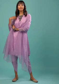 Lavender Purple Linen Silk Dhoti Suit With Floral Embroidered Organza Cuffs