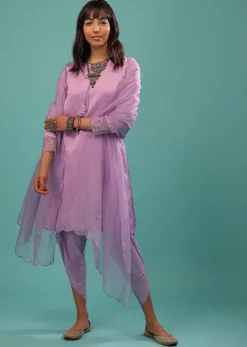 Lavender Purple Linen Silk Dhoti Suit With Floral Embroidered Organza Cuffs