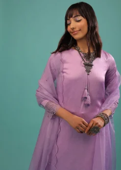Lavender Purple Linen Silk Dhoti Suit With Floral Embroidered Organza Cuffs