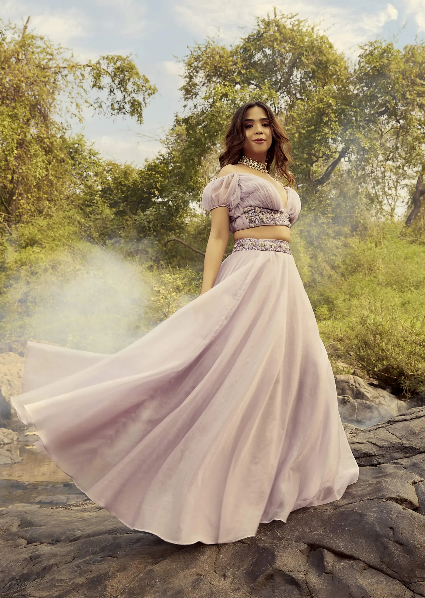 Lavender Purple Skirt And Crop Top With Puffed Cold Shoulder Sleeves And Ruching Detail