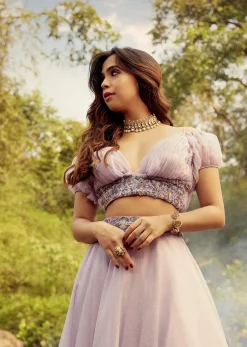 Lavender Purple Skirt And Crop Top With Puffed Cold Shoulder Sleeves And Ruching Detail