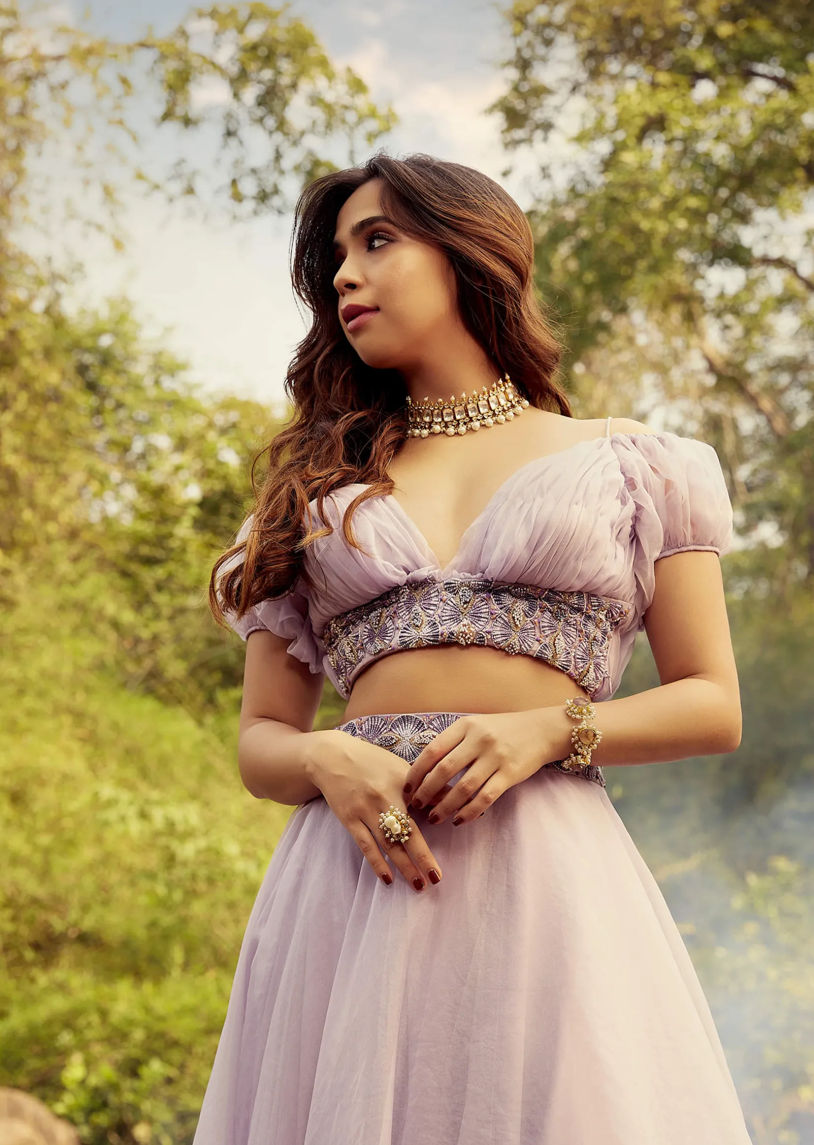 Lavender Purple Skirt And Crop Top With Puffed Cold Shoulder Sleeves And Ruching Detail