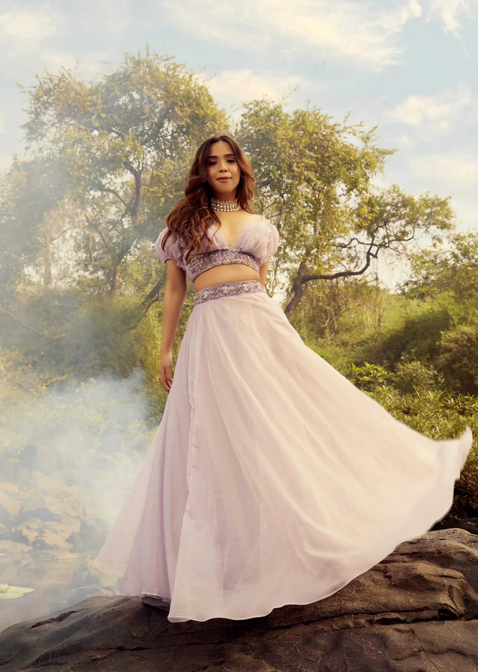 Lavender Purple Skirt And Crop Top With Puffed Cold Shoulder Sleeves And Ruching Detail