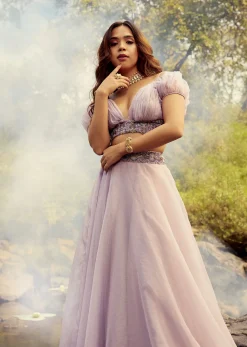 Lavender Purple Skirt And Crop Top With Puffed Cold Shoulder Sleeves And Ruching Detail