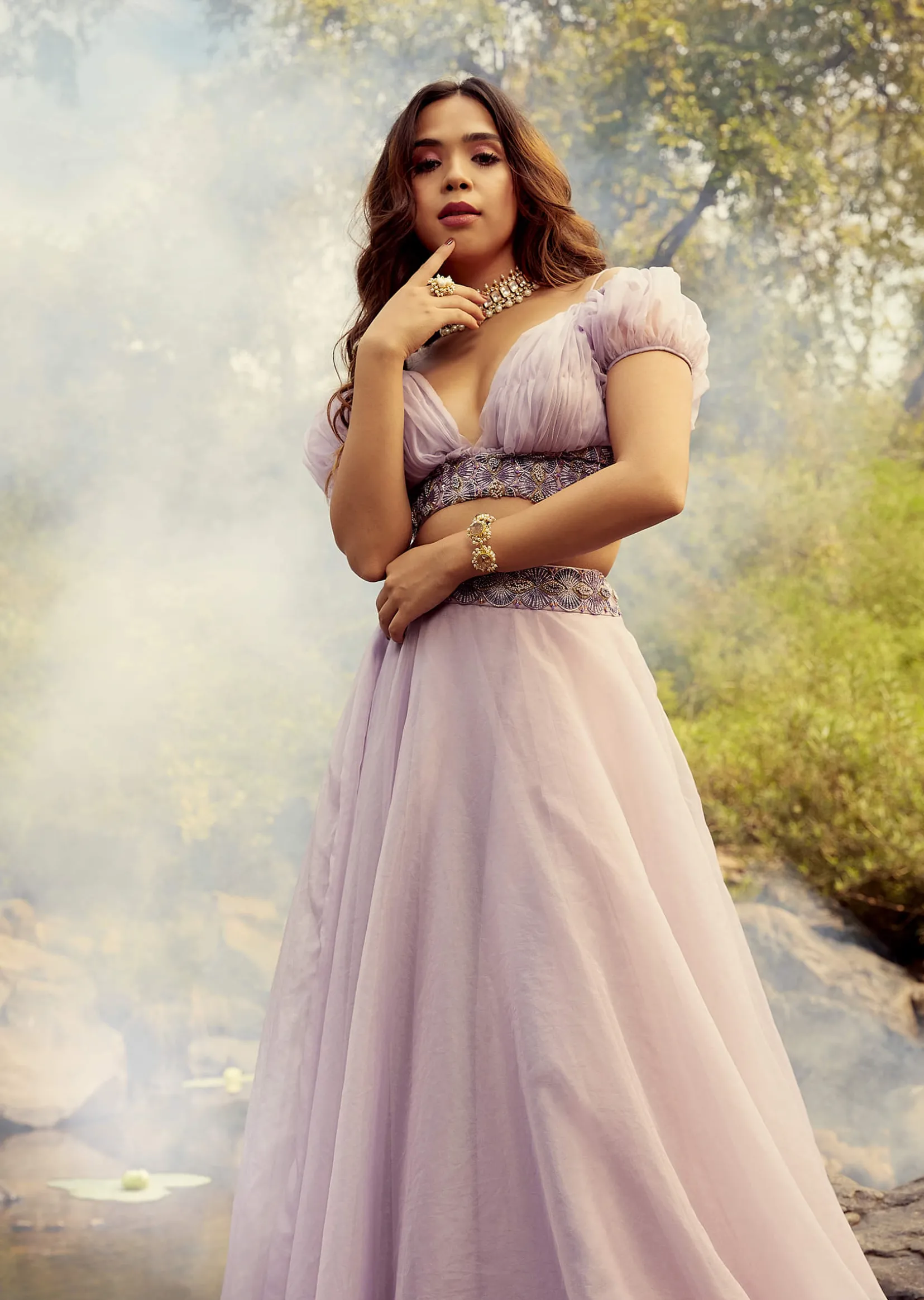 Lavender Purple Skirt And Crop Top With Puffed Cold Shoulder Sleeves And Ruching Detail
