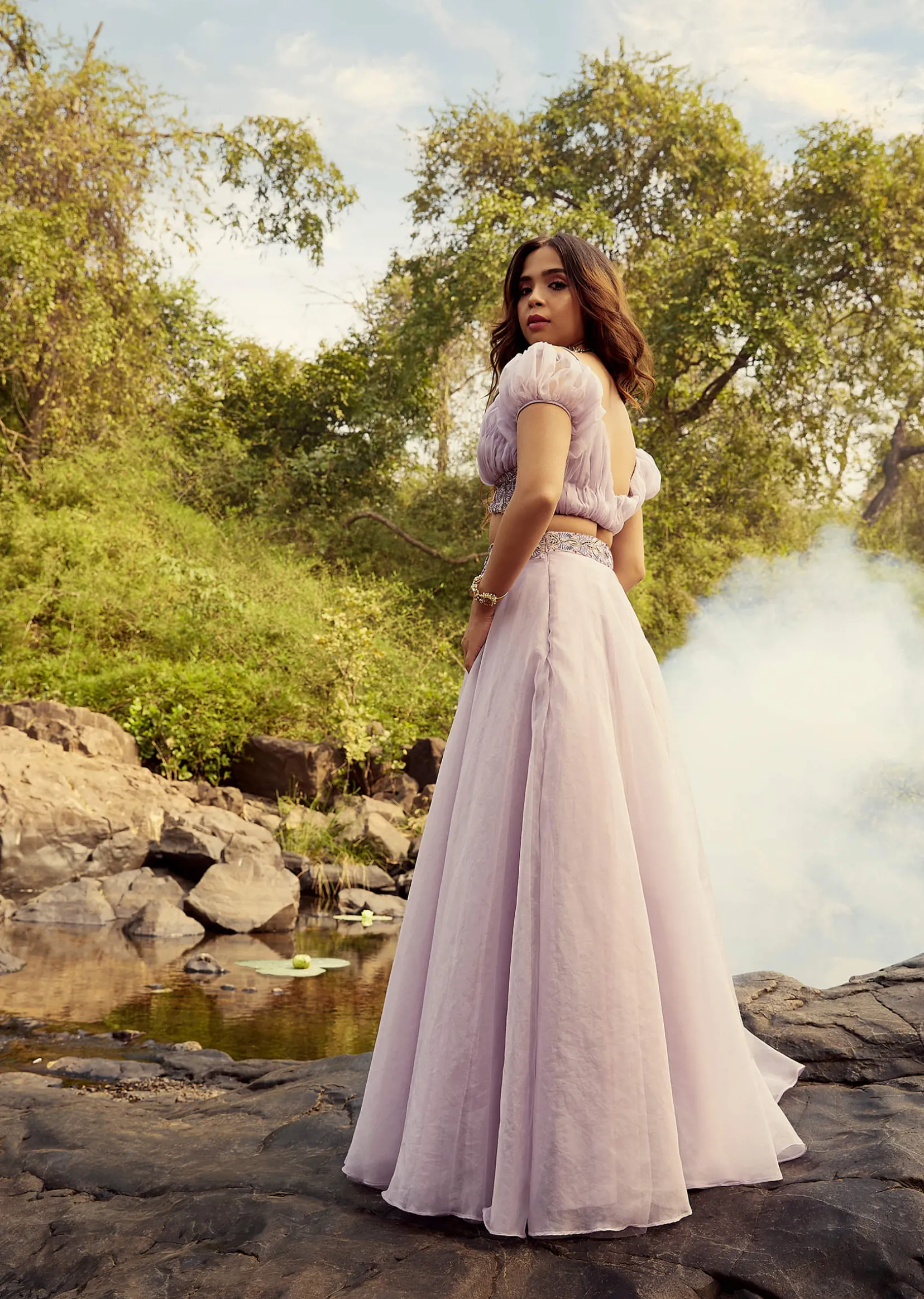 Lavender Purple Skirt And Crop Top With Puffed Cold Shoulder Sleeves And Ruching Detail
