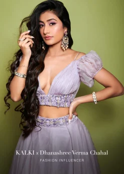 Lavender Purple Skirt And Crop Top With Puffed Cold Shoulder Sleeves And Ruching Detail