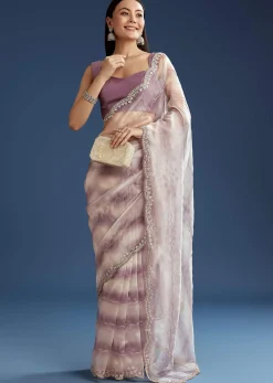 Lavender Shaded Glass Tissue Stone Embellished Saree With Cutdana And Beads