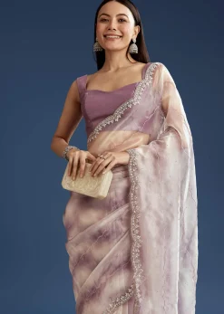 Lavender Shaded Glass Tissue Stone Embellished Saree With Cutdana And Beads