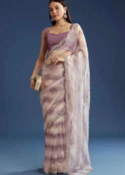 Lavender Shaded Glass Tissue Stone Embellished Saree With Cutdana And Beads