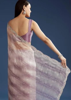 Lavender Shaded Glass Tissue Stone Embellished Saree With Cutdana And Beads