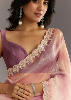 Lavender Shibori Organza Saree With Cutwork Scallop Embroidered Border