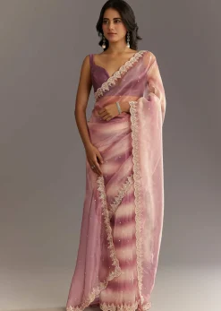 Lavender Shibori Organza Saree With Cutwork Scallop Embroidered Border
