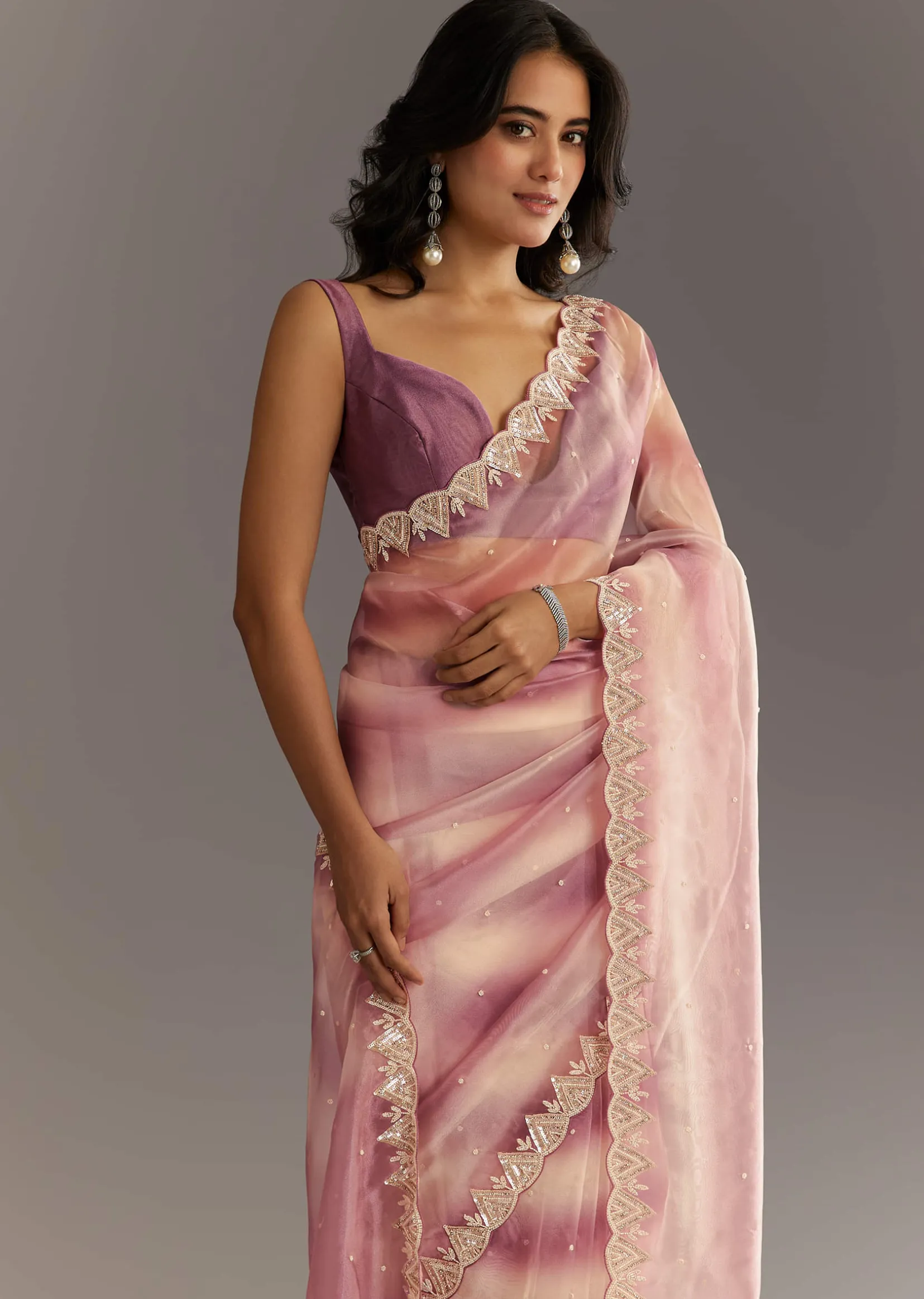 Lavender Shibori Organza Saree With Cutwork Scallop Embroidered Border