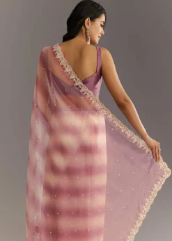Lavender Shibori Organza Saree With Cutwork Scallop Embroidered Border