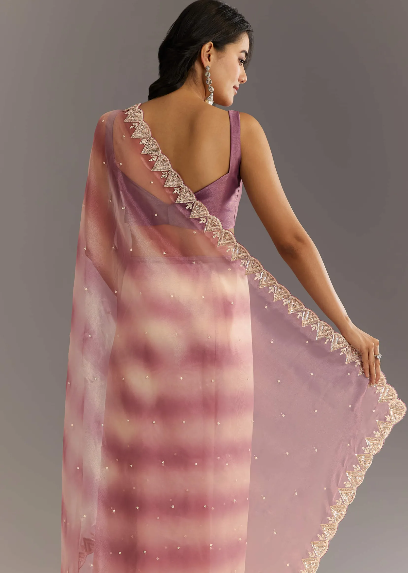 Lavender Shibori Organza Saree With Cutwork Scallop Embroidered Border